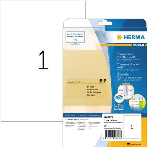 Etiket HERMA 4375 210x297mm A4 transparant 25stuks 25 Vel