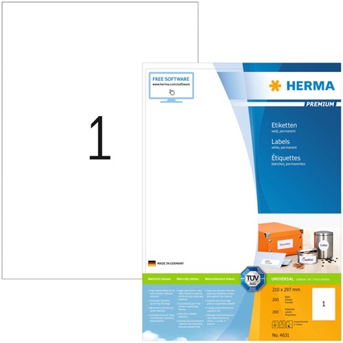 Etiket HERMA 4631 210x297mm A4 premium wit 200 stuks