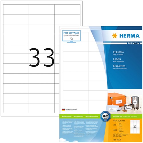 Etiket HERMA 4613 66x25.4mm premium wit 6600 stuks
