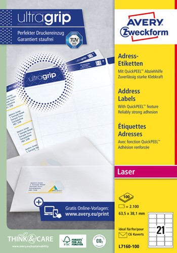 Etiket Avery L7160-100 63.5x38.1mm wit 2100 stuks