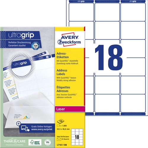 Etiket Avery L7161-100 63.5x46.6mm wit 1800 stuks-2