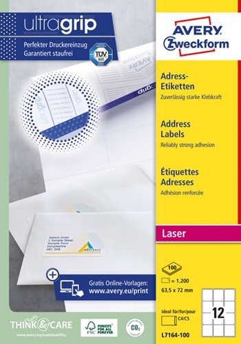 Etiket Avery L7164 63.5x72mm wit 1200stuks 100 Vel