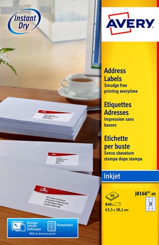 Etiket Avery J8160-40 63.5x38.1mm wit 840st 40 Vel