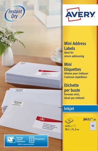 Etiket Avery J8651-25 38.1x21.2mm wit 1625st 25 Vel