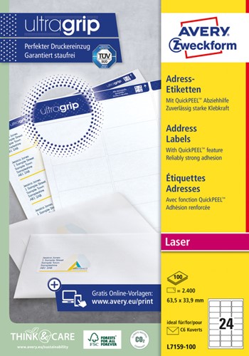 Etiket Avery L7159-100 63.5x33.9mm wit 2400 stuks