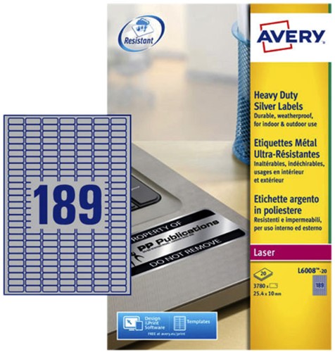 Etiket Avery L6008-20 25.4x10mm zilver 3780st 20 Vel