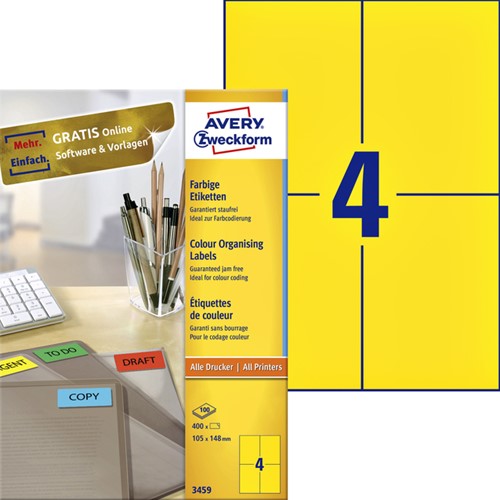 Etiket Avery 3459 105x148mm A6 geel 400 stuks