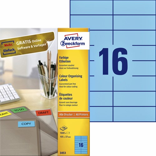 Etiket Avery 3453 105x37mm blauw 1600 stuks