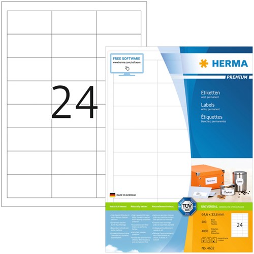 Etiket HERMA 4632 64.6x33.8mm prem wit 4800st 200 Vel