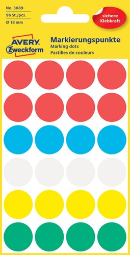 Etiket Avery 3089 rond 18mm assorti 96st 4 Vel