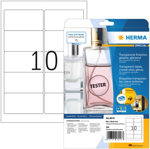 Etiket HERMA 8018 96x50.8mm transparant 250st 25 Vel