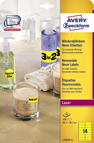 Etiket Avery L7263Y 99.1x38.1mm neon geel 350st 25 Vel