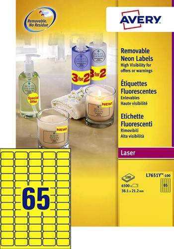 Etiket Avery L7651Y-100 38.1x21.2mm geel 6500st 100 Vel