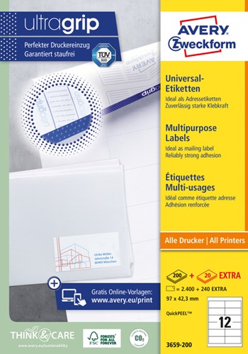 Etiket Avery 3659-200 97x42.3mm wit 2400 stuks