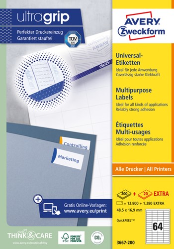 Etiket Avery 3667 48.5x16.9mm wit 12800st 200 Vel