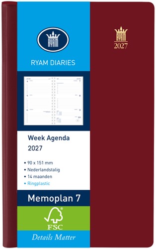 Agenda 2027 Ryam Memoplan 7 Suprema ringplasic 7dagen/2pagina's bordeaux