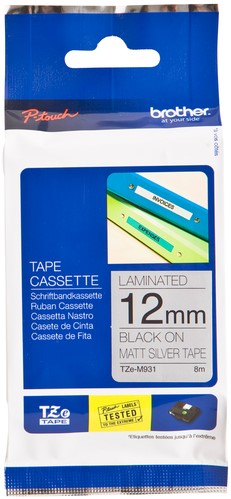 Labeltape Brother P-touch TZe-M931 metallic 12mm zwart op zilver