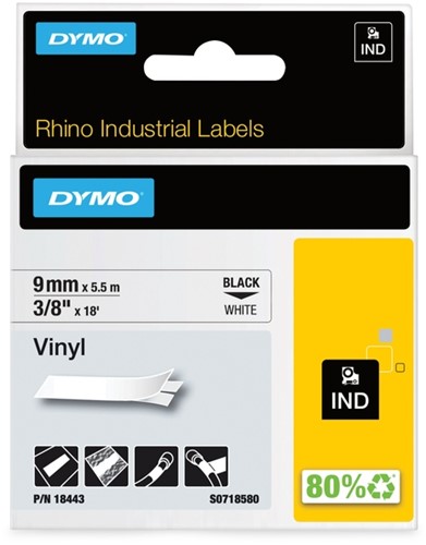 Labeltape Dymo Rhino industrieel vinyl 9mm wit 1 Stuk