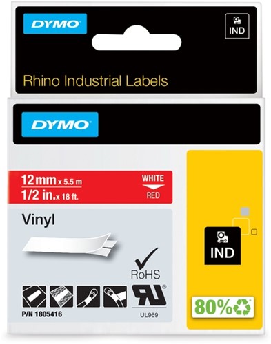 Labeltape Dymo Rhino industrieel vinyl 12mm rood 1 Stuk