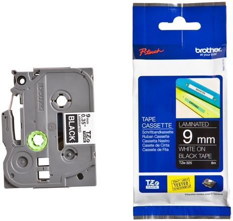 Labeltape Brother P-touch TZe-325 standaard 9mm wit op zwart-3