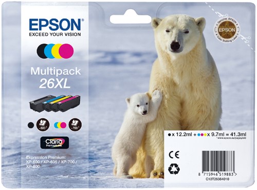Inktcartridge Epson 26XL T2636 zwart + 3 kleuren 4 Stuk