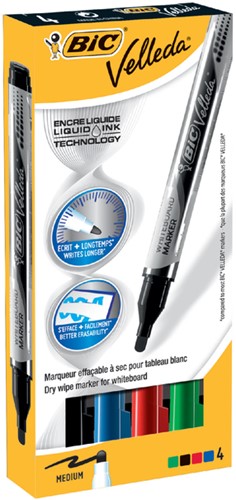Whiteboardmarker Bic liquid rond M assorti 4 Stuk