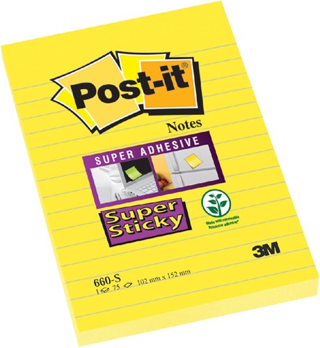 Memoblok Post-it 660 Super Sticky 102x152 geel 75 Vel