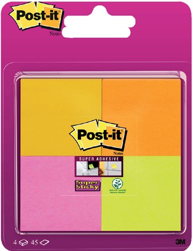 Memoblok Post-it 6910 Super Sticky 51x51mm assorti 4 Stuk