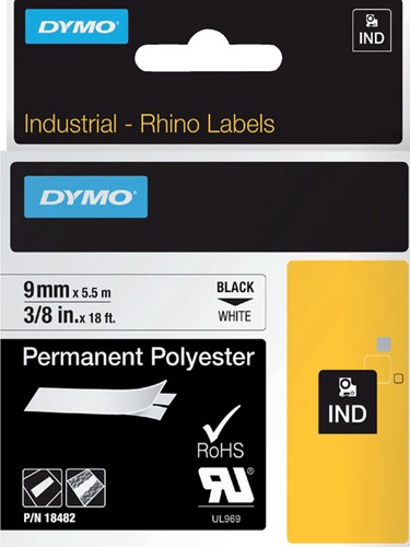 Labeltape Dymo Rhino industrieel polyester 9mm wit 1 Stuk