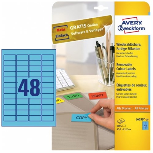 ETIKET AVERY ZWECKFORM L6039-20 45.7X21.2MM BLAUW 960ST Doos á 20 vel (960 etiketten)