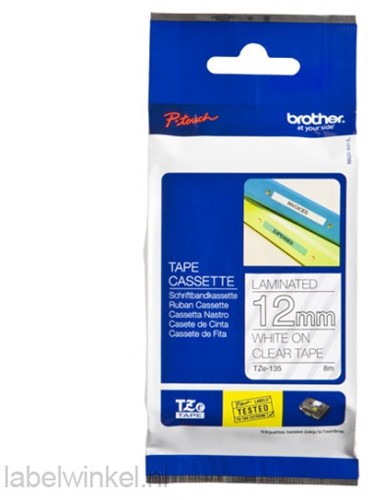 LABELTAPE BROTHER TZE-135 12MMX8M TR/WIT 1 STUK